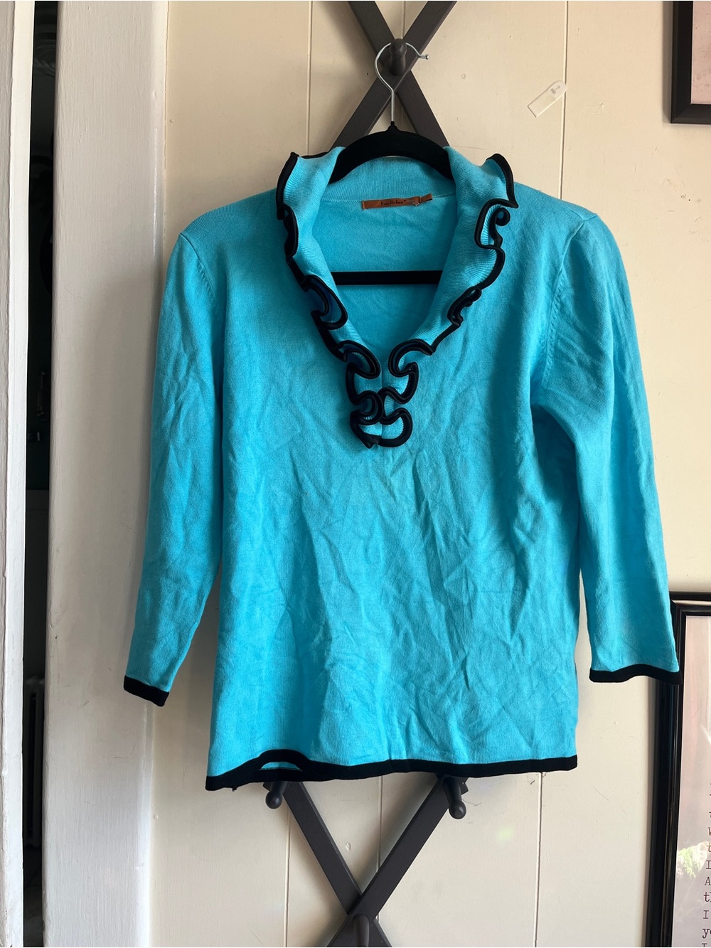 Vintage Y2K Turquoise Ruffle-Trim Women’s Sweater